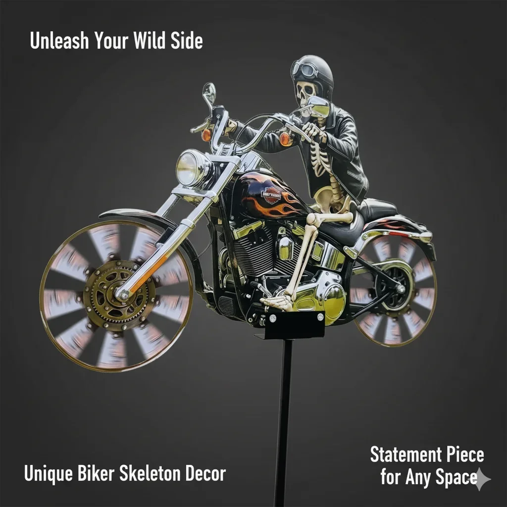 2D Metal Rotating Windmill Skeleton Rider Motorcycle Garden Wind Spinner For Outdoor Yard Lawn Halloween Decor Motorcycle Lovers