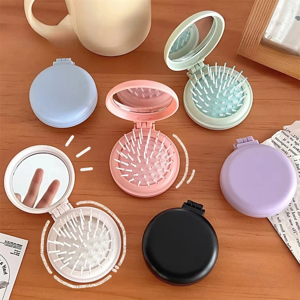 Solid Color Folding Comb with Makeup Mirror Small Massage Comb Women Girl Air Cushion Hair Brush Styling Tool Traveling Portable