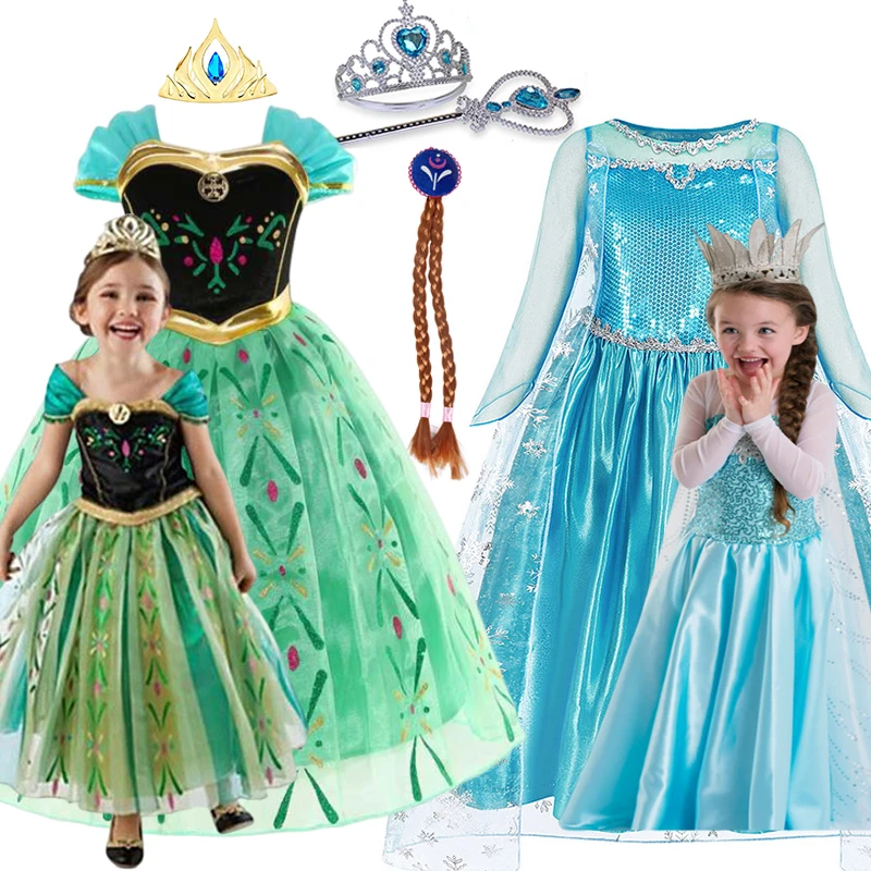 Princess Elsa Anna Dress for Girls 2-10 Yrs Birthday Role Playing Kids Halloween Carnival Party Dress Up Girls Costume Outfits