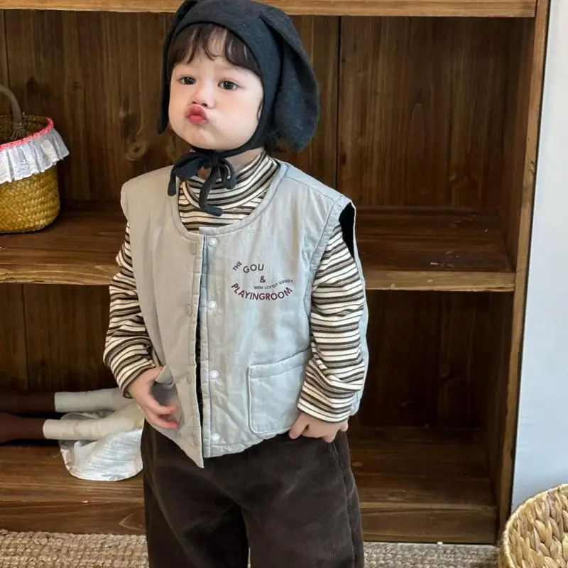 

2025 зимний новый детский теплый жилет без рукавов с буквенным принтом, детский толстый ветрозащитный жилет, куртка, кардиган для мальчиков и девочек, детская одежда