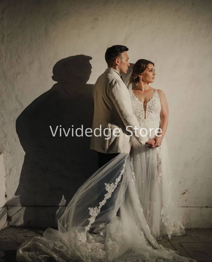 Sexy decote em v vestido de casamento branco renda apliques a linha vestido de noiva vestidos de novia 2024 alta qualidade