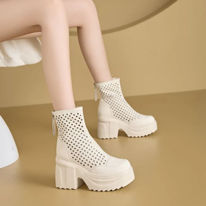 Fujin 11cm Hollow Genuine Leather Summer Fashion Sandals Casual Knee High Ankle Boots Breathable Wedge Platform Wedge ZIP Shoes