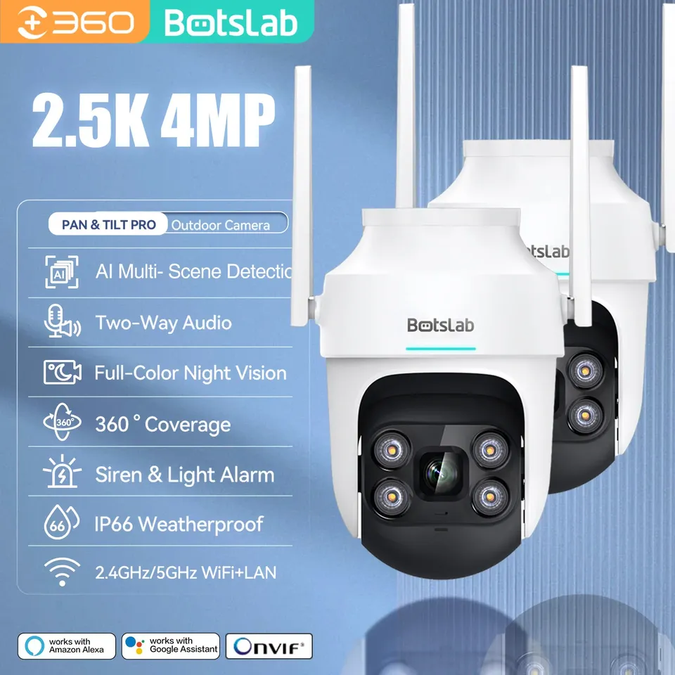  Botslab 2.5K 4MP HD Outdoor Camera Wireless PTZ WiFi IP66 Smart Home Camera Siren and Light Alarm Full Color Night Vision Camera 