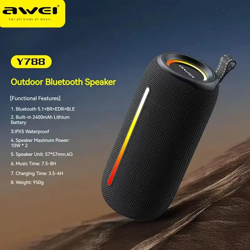 Awei Y788 2400mAh Bluetooth Speaker Flashing Soundbar Portable Outdoor Sound Box Waterproof Loudspeaker Support TF Card AUX LED