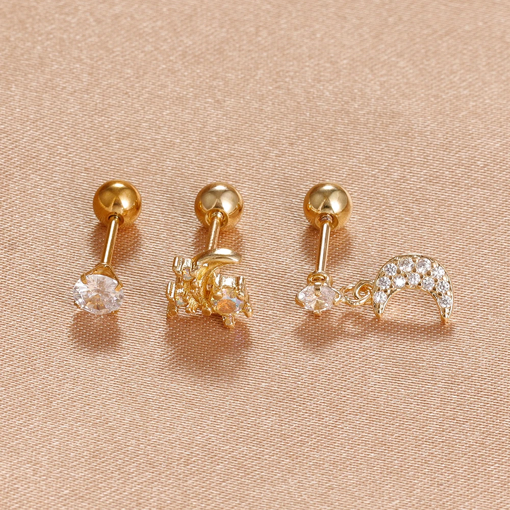 رائعة ريترو القمر الفولاذ المقاوم للصدأ الزركون الأذن وأقراط مجموعة للنساء موضة الكورية 14K مطلية بالذهب القرط مجوهرات