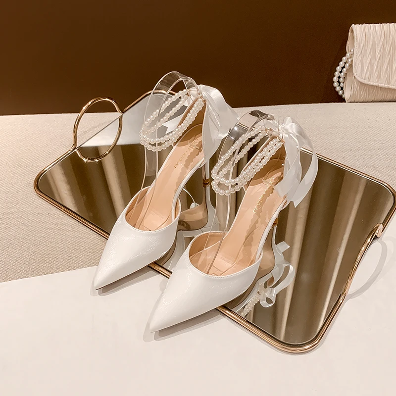 

White Satin Wedding Shoes Women New Bride Dress Pumps Pearl String Ankle Strap Ribbon Pointed Toe Slip-on Party High Heels