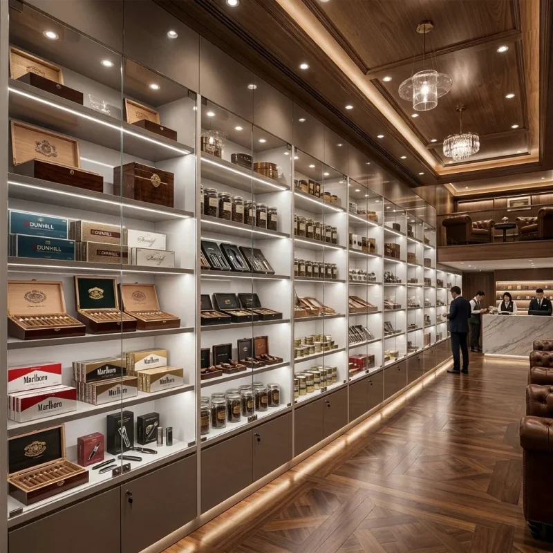 custom.Customized Display Shelf LED Lighting Lockable Storage Modern Smoke Boutique Shop Interior Furniture Shopping
