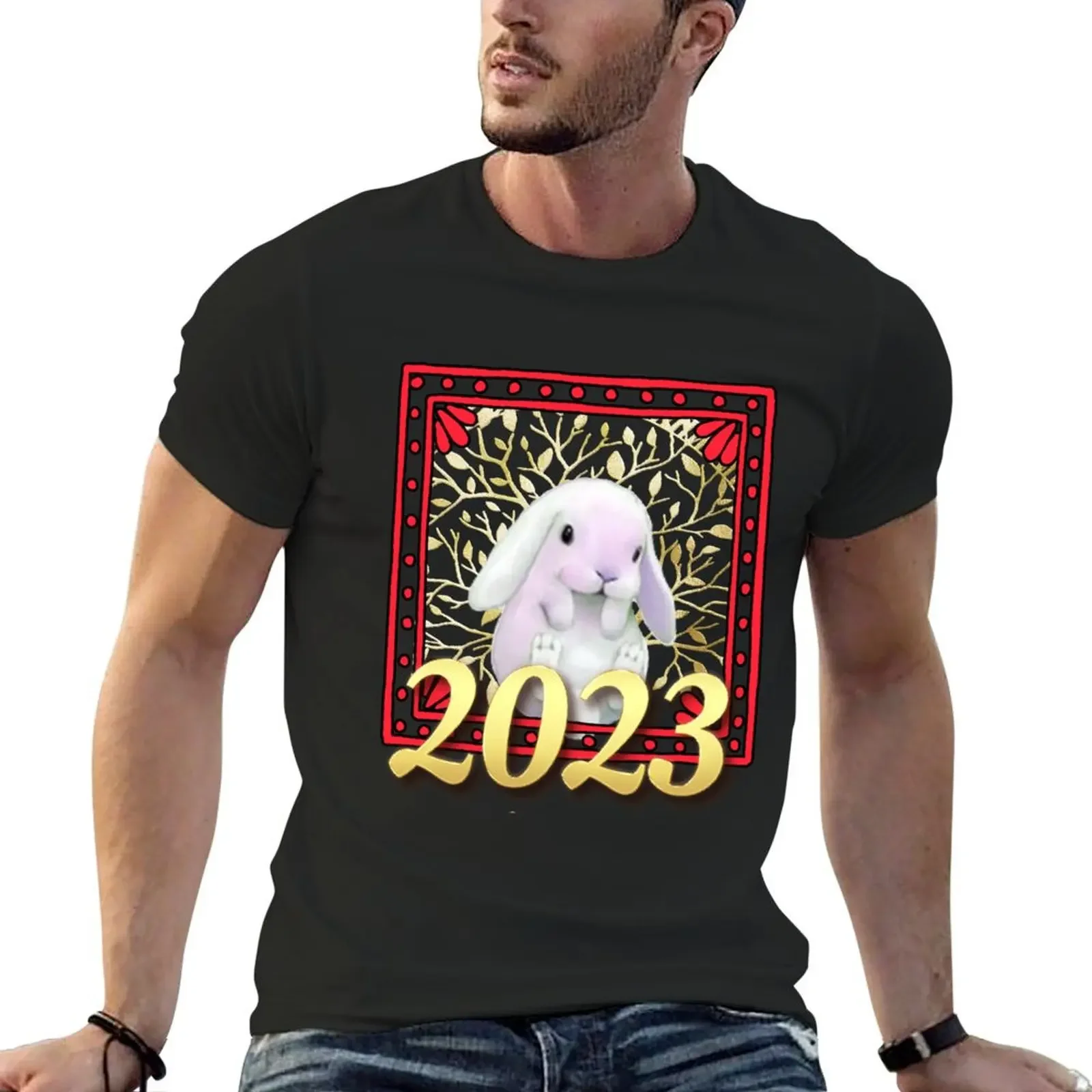 

Happy Year of the Rabbit 2023 With Gold Text T-Shirt oversized customizeds graphic shirts graphic t shirt vintage men t shirt