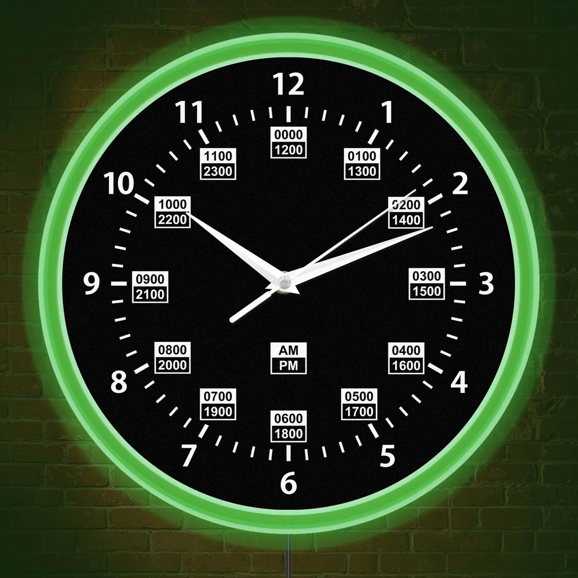 Military 24 Hour Time Chart Illuminated Neon Rim Light Wall Clock Minimalist Home Decor Black Dual Time Marking Dial Wall Clock
