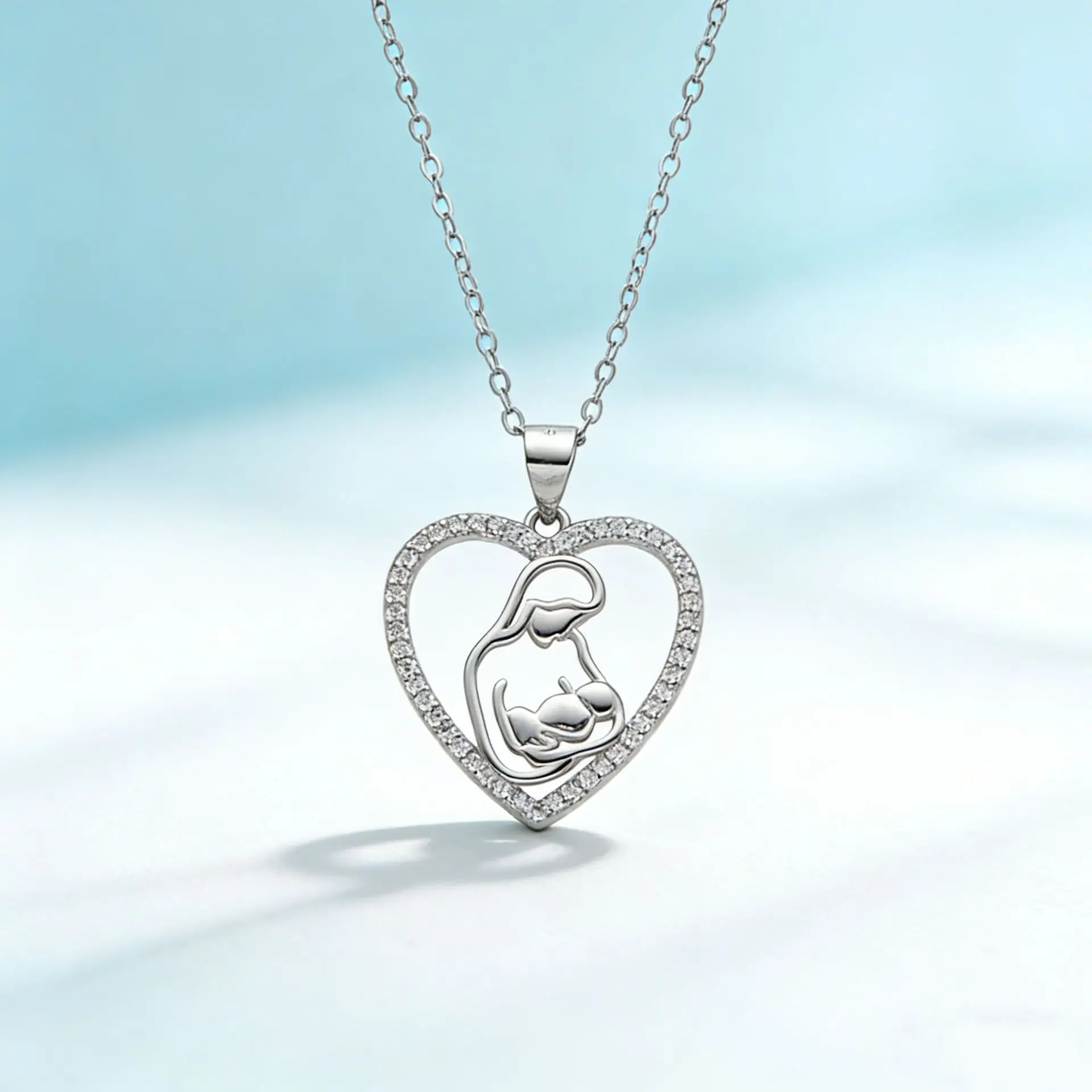 

Mother's Day Gift 925 Sterling Silver Heart CZ Necklace Mom and Baby Pendant Necklace Fine Jewelry for Mom