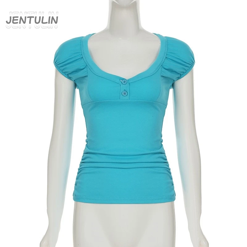 Women's Retro Dopamine Turquoise Square Neck Short Girls Puff Sleeve Button Front Ruched Slim Fit Blouse Summer Round-Neck Shirt