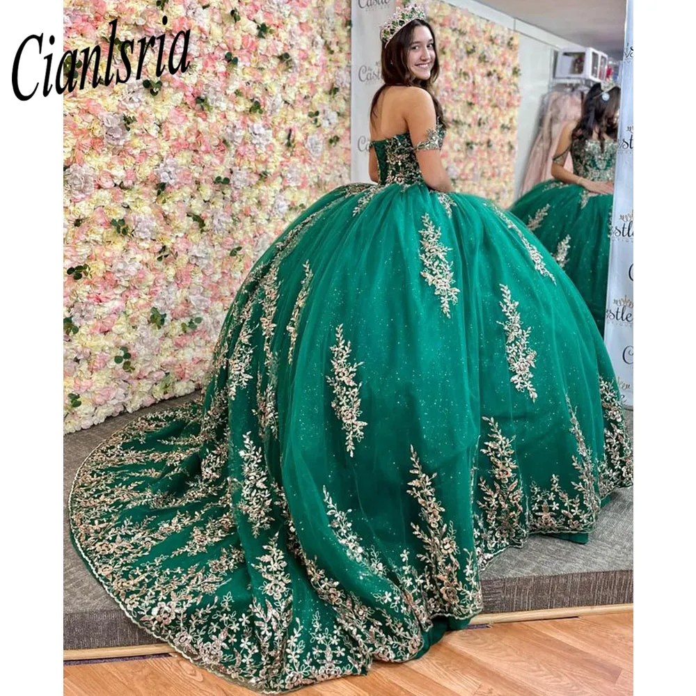 Verde Fora Do Ombro Ball Gown Vestido Quinceanera Para Menina Frisado Birthday Party Vestidos Apliques Prom Vestido De 15 Ano