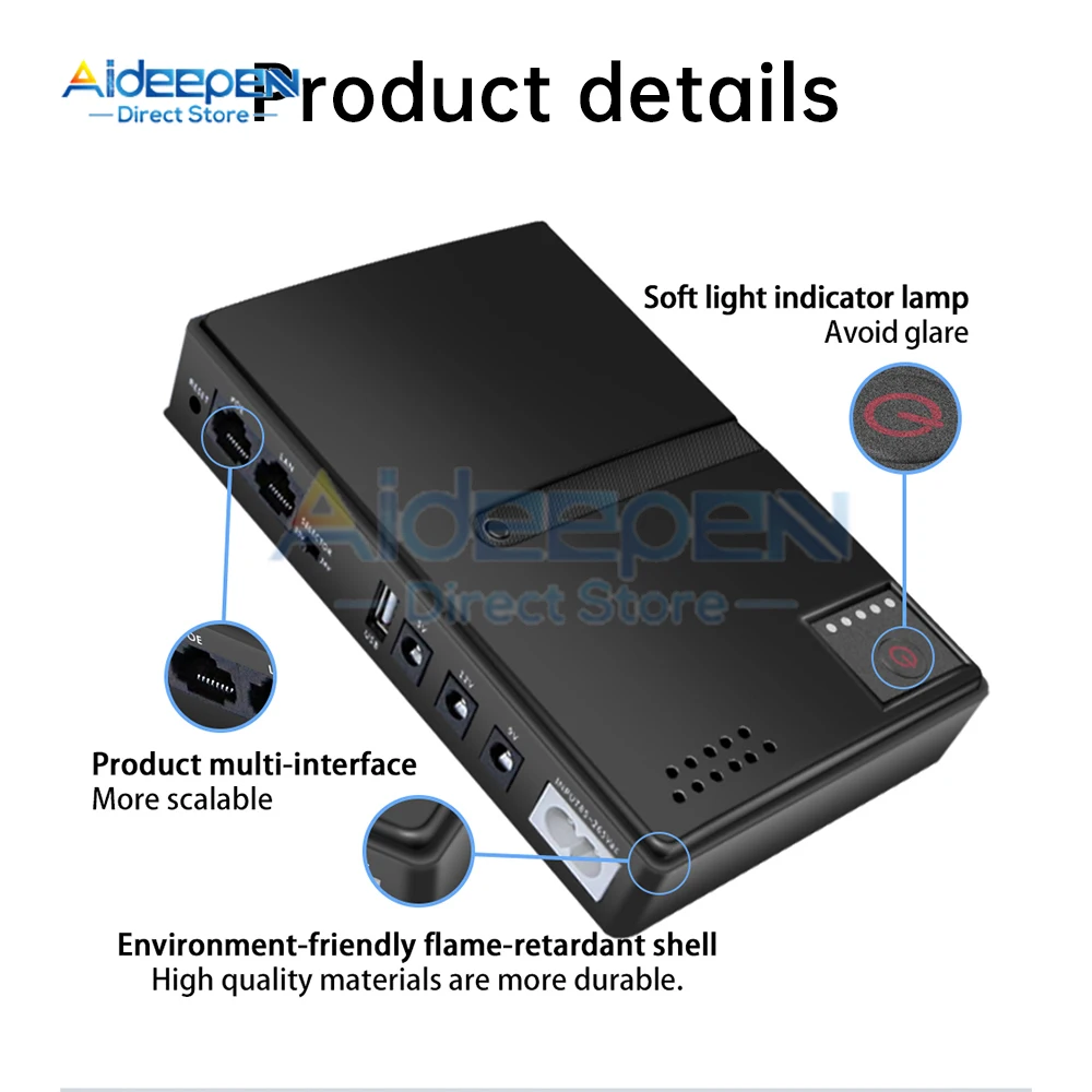 Mini uninterruptible DC backup power supply 1036P capacity 10400mAh UPS router optical modem 5V/2A 9V/1A 12V/2A 24V/1A 36W