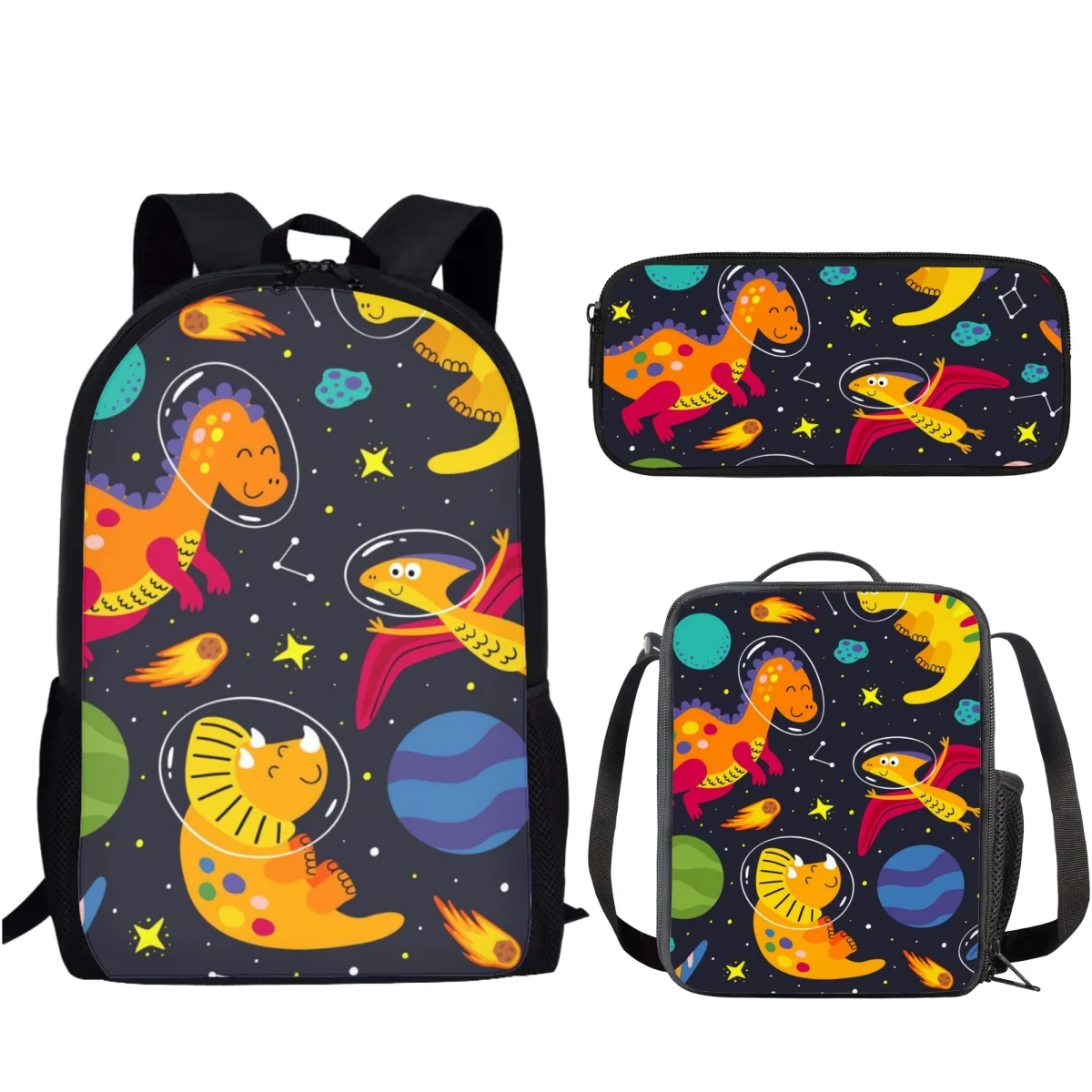 3Pcs/Set Funny Cartoon Dinosaur Printed Student Book Bag Large Capacity School Bag for Boys Girls with Lunch Bag Pencil Bag