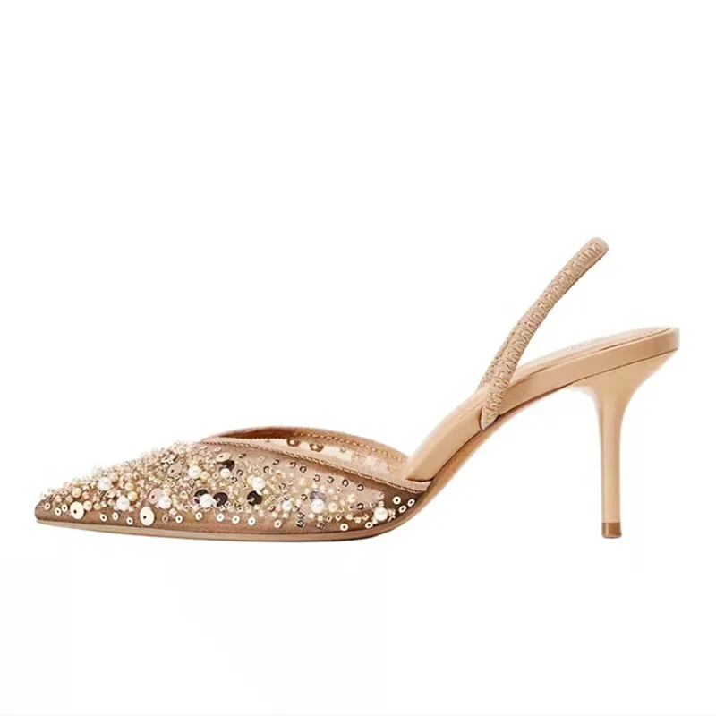 Luxury Designer Bling String Bead Mesh High Heels Women Sexy Pointy Toe Breathable Heeled Sandals Elegant Slingbacks Women Pumps image 2