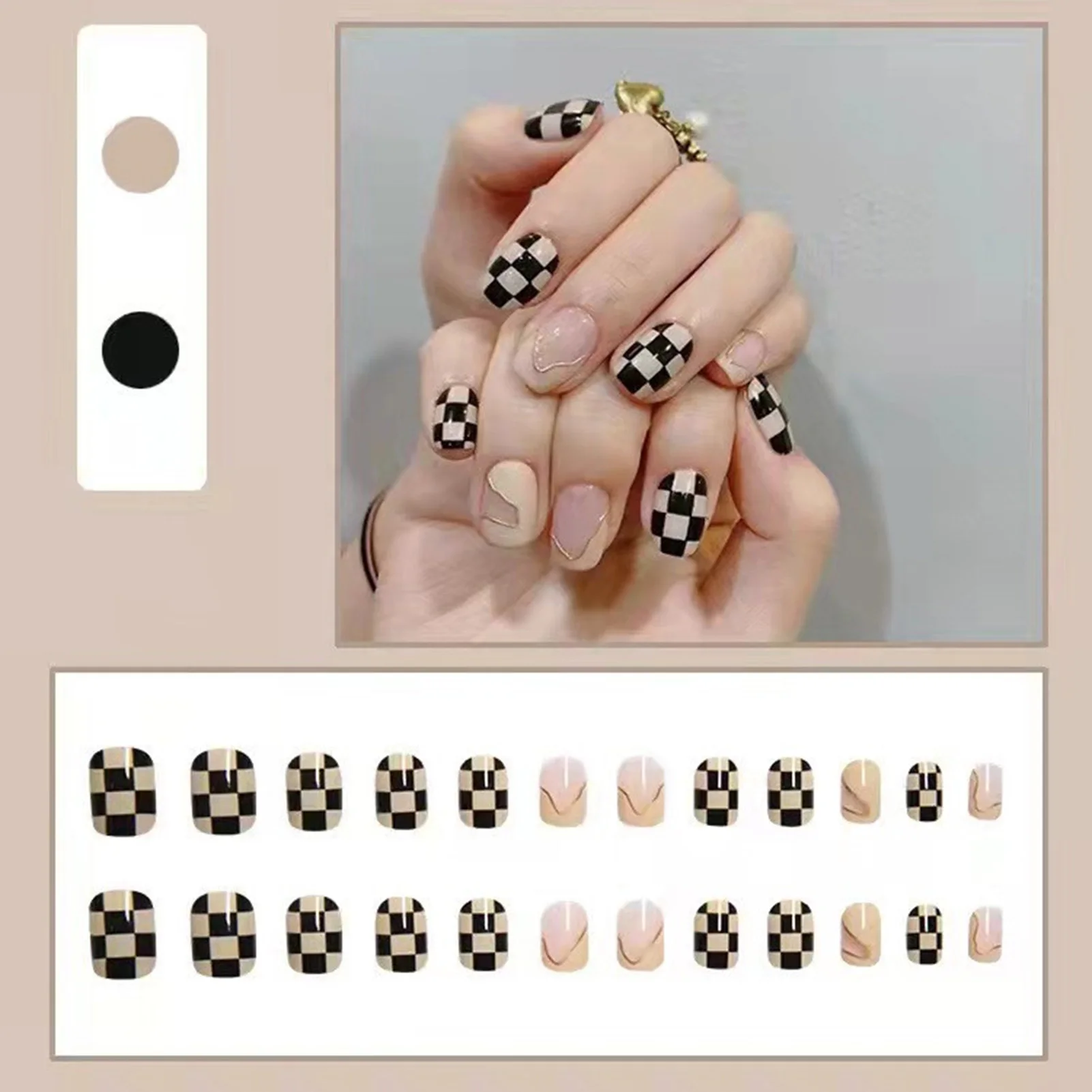 24pcs Black Checkered Pattern Short False Nails Ultra-flexible Reusable Long Lasting Fake Nails for Finger Decoration Home Nail