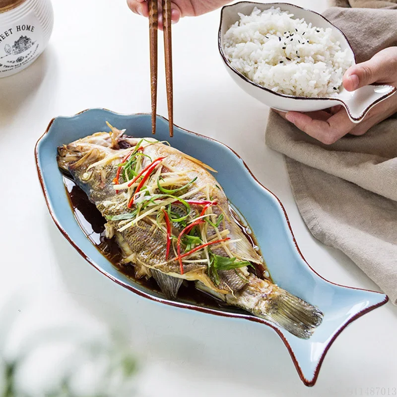 Fish-shaped creative ceramic dish, Japanese-style dinner plates, household new steamed fish, Nordic tableware fish plate, 1Pc