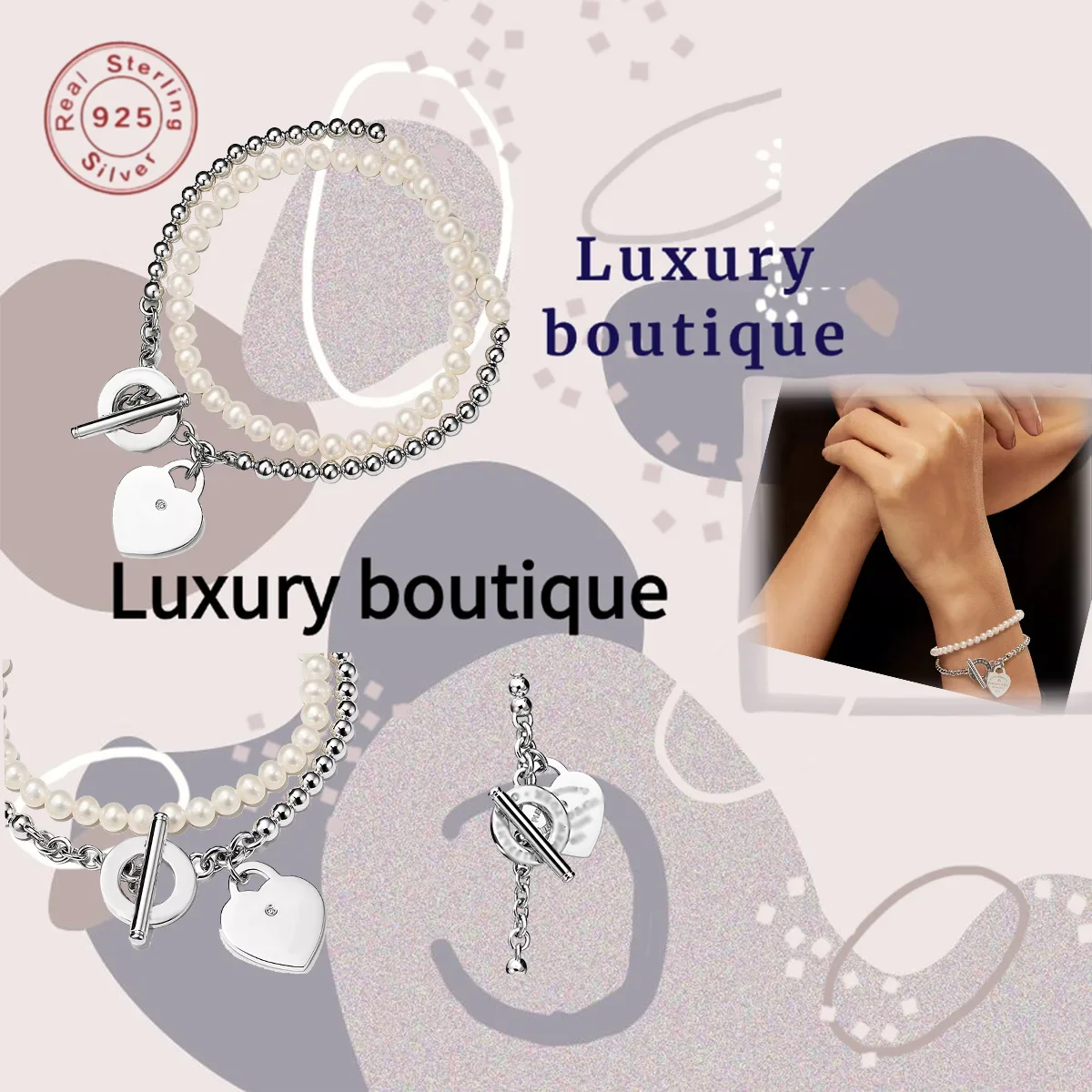 

Браслет из цельного серебра S925 с серебряными бусинами, жемчужным сердцем, двухслойный роскошный и благородный подарок на день матери для пары