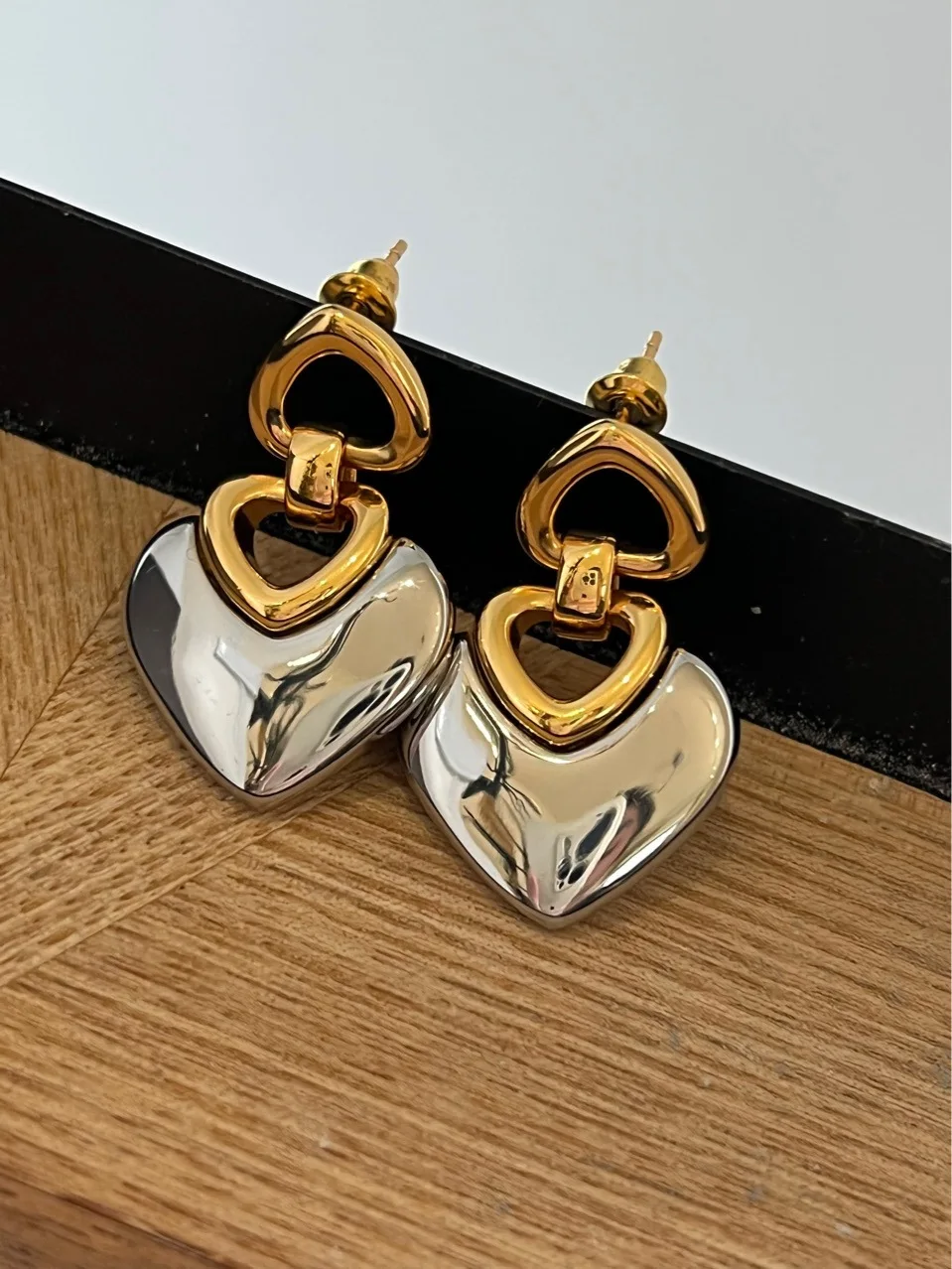 Brass Chunky 2 Tone Heart Drop Earrings Women Jewelry Punk Party T Show Gown Runway Korean Japan INS