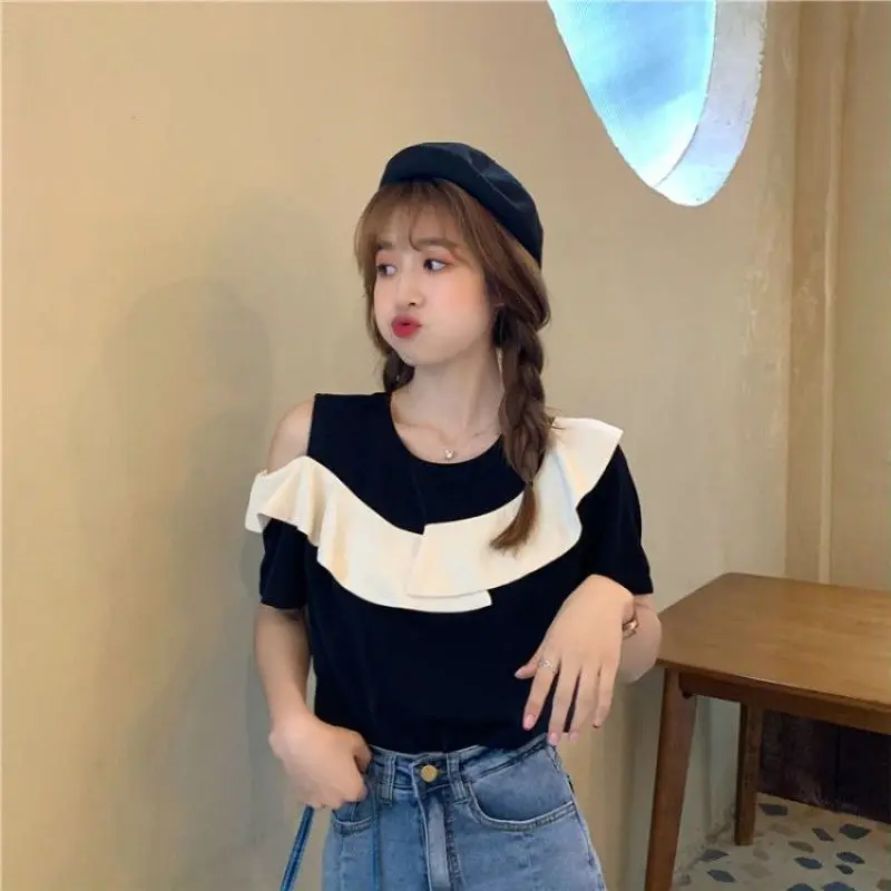 Women Summer French Loose Fashion Ruffles Off Shoulder O-neck Short Sleeve T-Shirt Ladies Casual All-match Appear Thin Top Tee