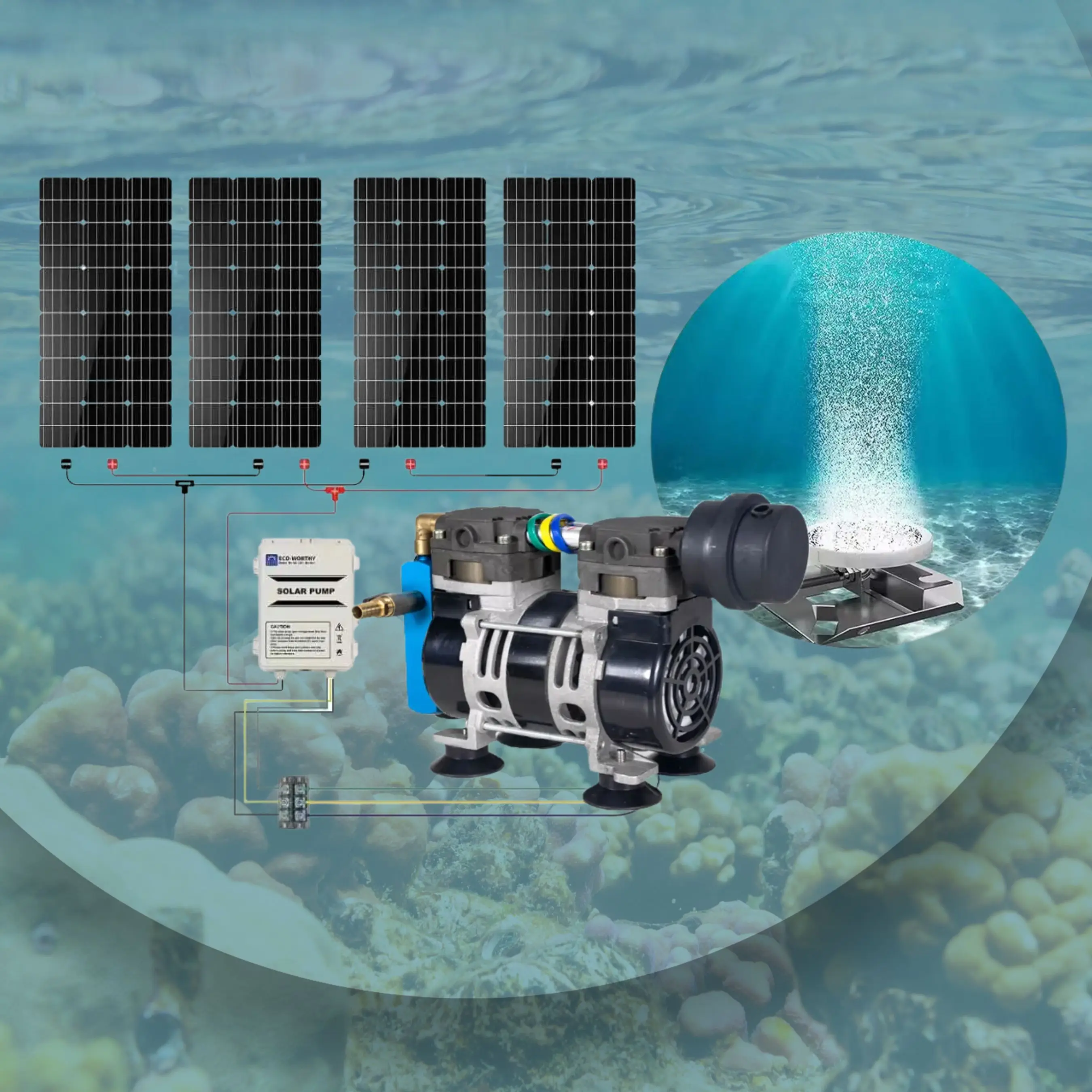 Solar Powered Pond Aerator 35 LPM Portable DC Pump for 0.5 Acres up to 6m Depth Fish Ponds