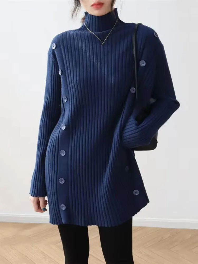 Autumn Winter Half High Neck Knitted Sweater French Personality Side Single Breastd Loose Women Dress Basic Casual Pullover