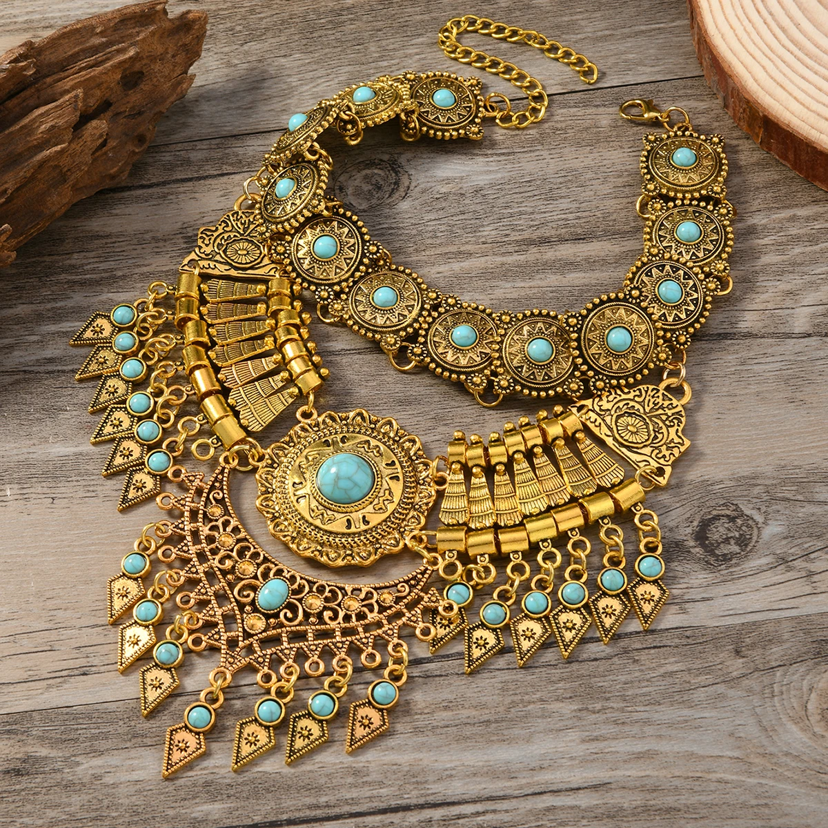 Layered Bohemian Statement Necklace Women's Fashion Retro Teardrop Tassel Collar Jewelry for Casual Matching & Party Styling