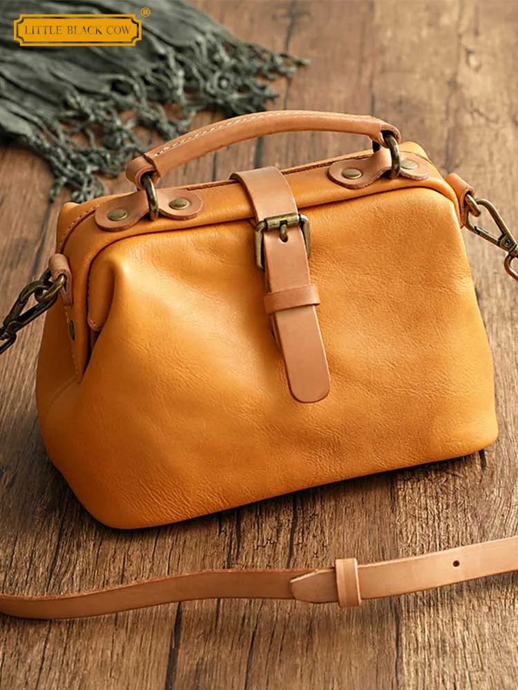 Handmade Women Genuine Leather Bag Tote Handbag Casual Single Shoulder Bag Hasp Vintage Small Doctor Bags Female Crossbody Bags