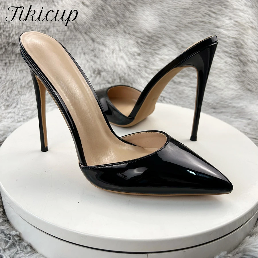 Newly 12cm/10cm High Heels Summer Slippers Black Slingback Women Pointed Toe Slides Stiletto SM Crossdress Shoes Plus Size45 46