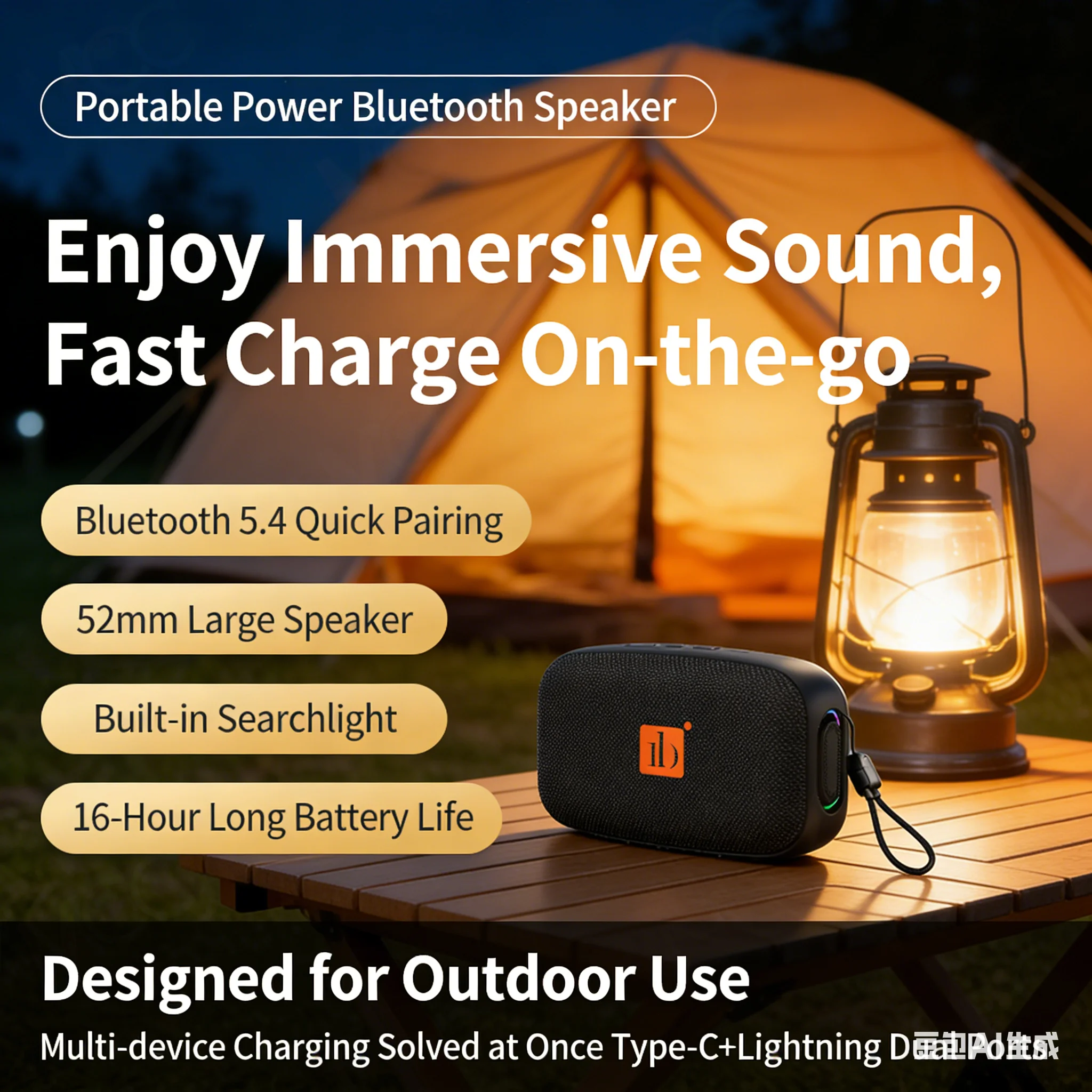 

Портативные Bluetooth-колонки 5.4, светодиодный фонарик и съемный шнурок-кабель для зарядки, TWS-сопряжение для кемпинга, походов и вечеринок на открытом воздухе