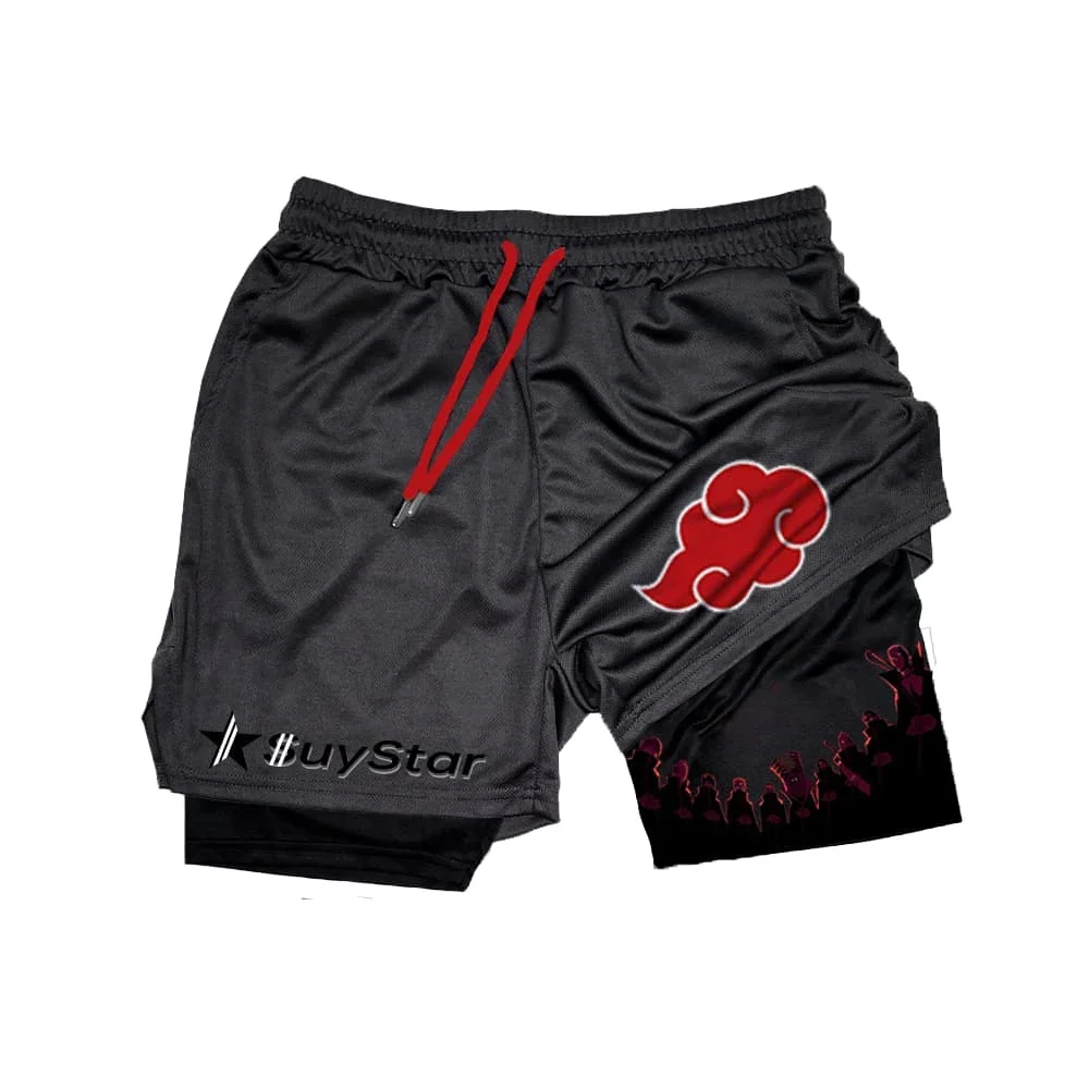

New Summer Men's Quick-Drying Vacation Two-piece Short Men's Anime Print Drawstring Double Layer Shorts Men's Gym Shorts Moto