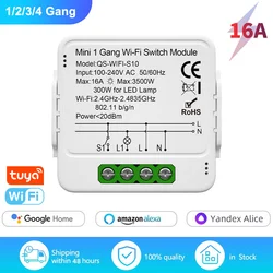 Módulo Interruptor Tuya Inteligente WiFi, Mini Smart Breaker, Controle de Vida, Suporte Alexa, Google Home, 16A, 1 Gang, 2 Gang, 3 Gang