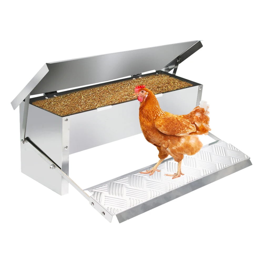 

Automatic Chicken Feeder Treadle 11lb Stainless Steel Breeding Equipment with Weatherproof Lid for Chicken Pheasants Ducks