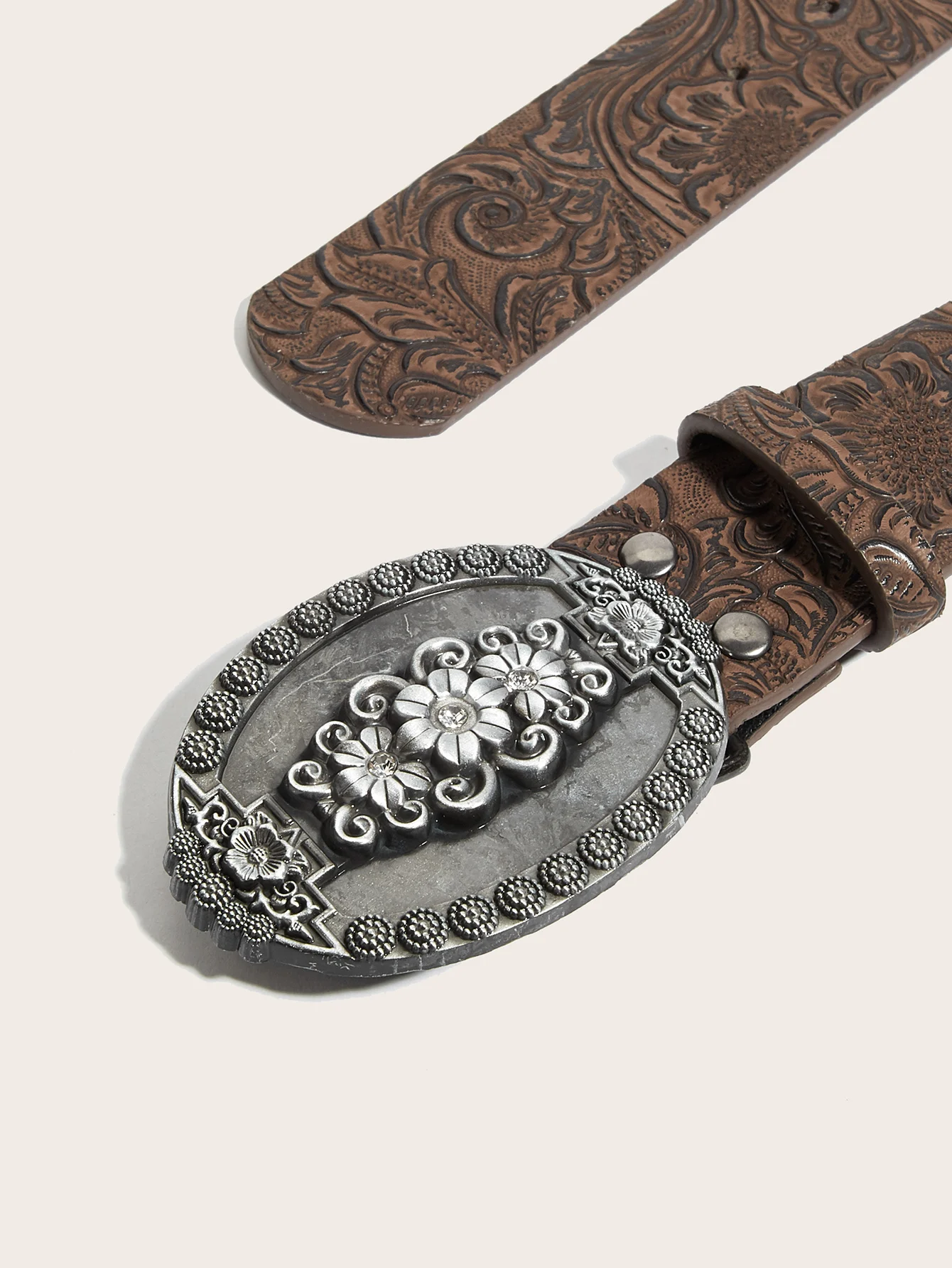 1pc Women Brown Western Belt PU Leather Cowgirl Waist Belt With Silver Floral Buckle For Jeans Dress