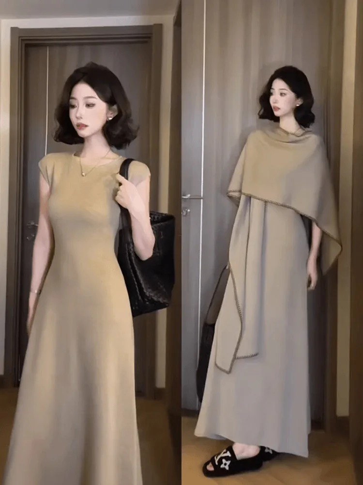 

Elegant Coffee round Neck Short Sleeve Women's Dress A-Line Long Dress Shawl Two-Piece Set Spring Slimming Waist-Cinching