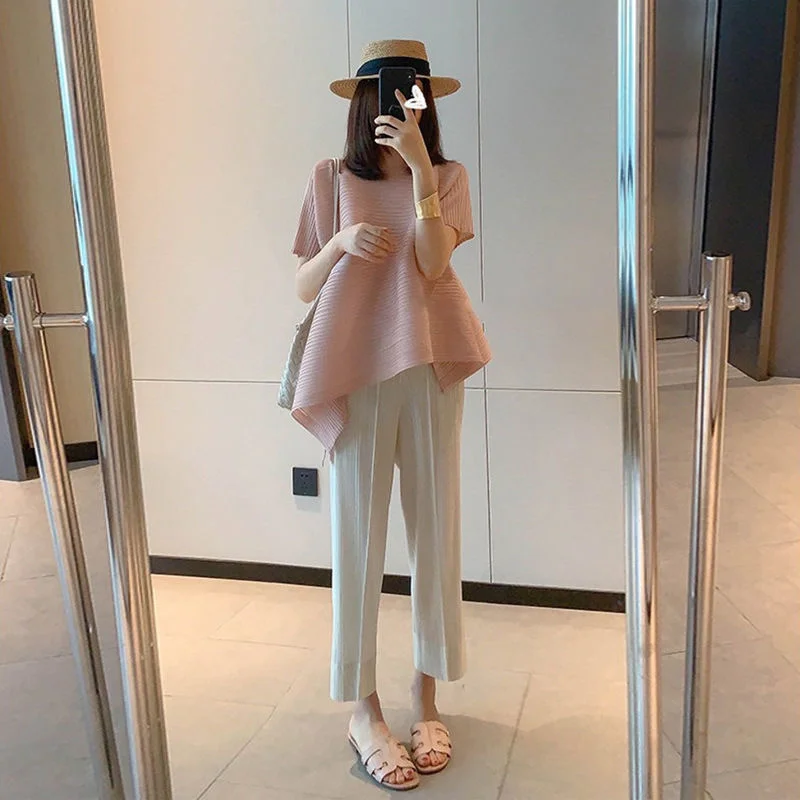 

Summer Beach Vacation Loose Simple Pleated Skirt Pants Set Casual Style Straight Leg Two Piece Suit for Women