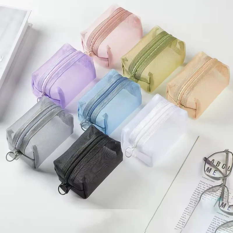 

New Large Capacity Transparent Bag:Mini Square Nylon Mesh Zipper Purse Great Key Earphone Organizer Pouch Functional Card Bag