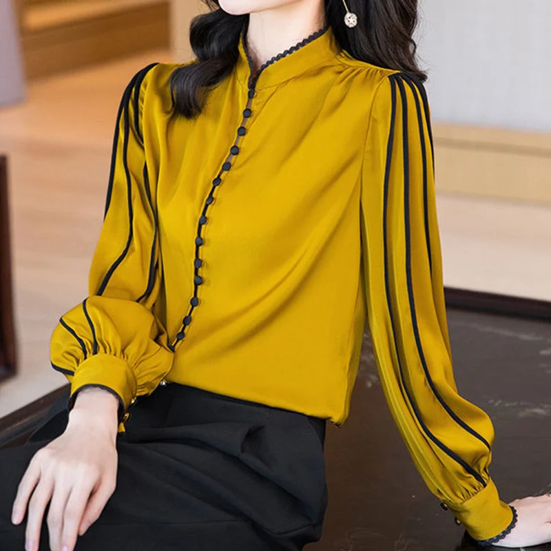 Camicia con bottoni in raso solido casual moda elegante autunno 2024 colletto alla coreana camicia lunga manica pullover larghi top abbigliamento