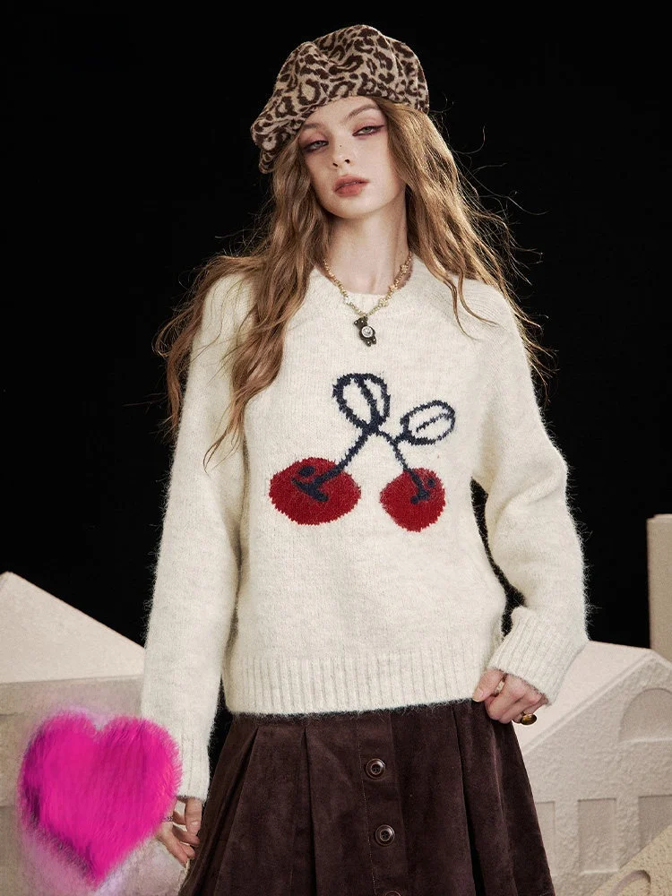 

Круглый пуловер с вишневым принтом, свободный повседневный зимний топ от Elf Sa, полиэстер, нейлон, шерсть, смесь Long Sve