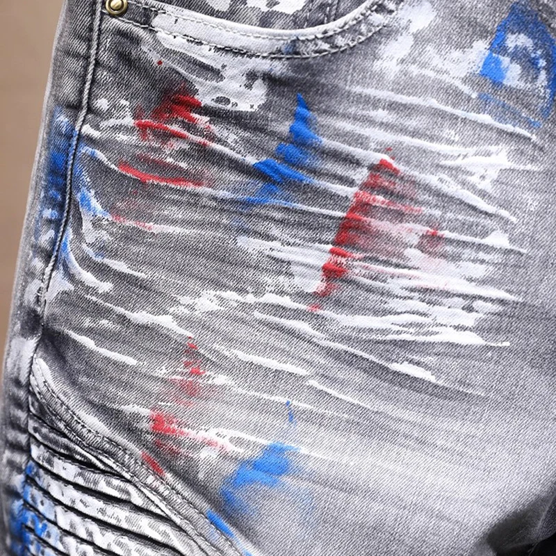 

Fashionable new men's black retro elastic slim fit corrugated jeans painted hip-hop brand pants Y2K