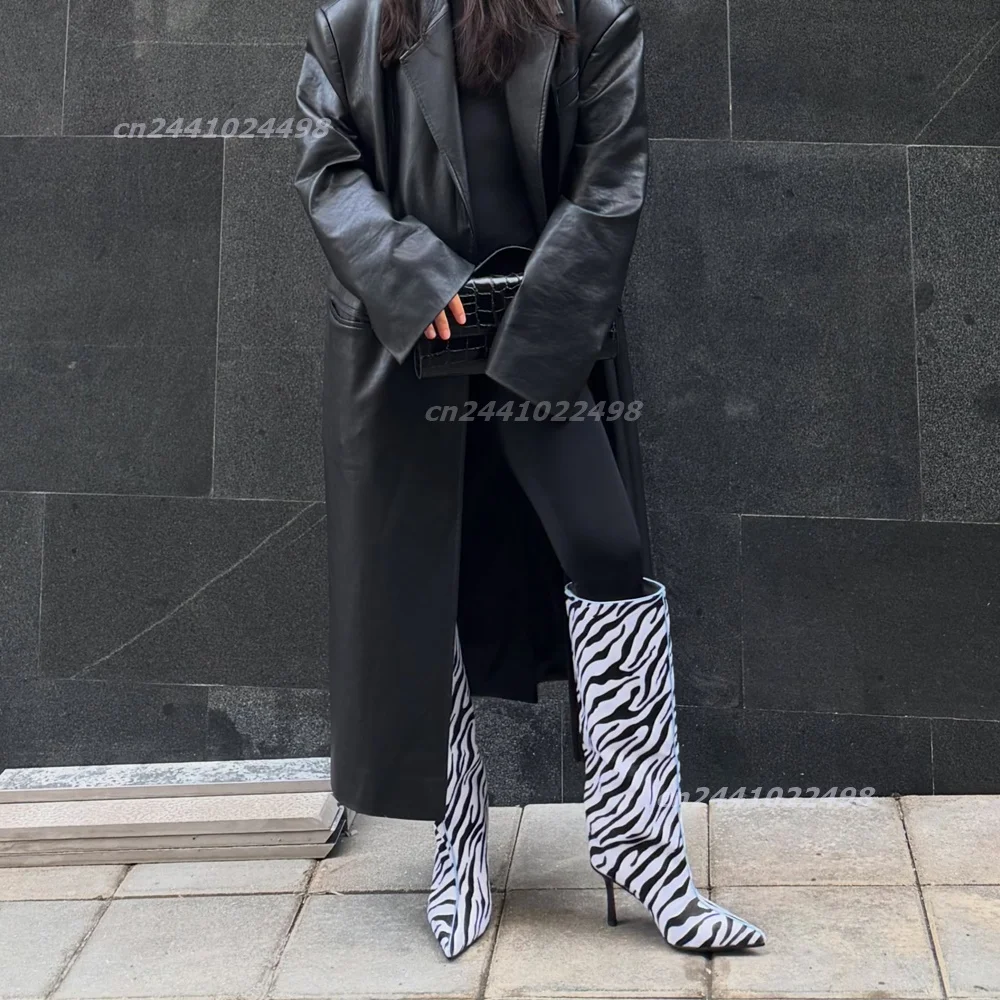 Pointed Toe Stiletto Knee High Boots Women, Zebra Print Contrast Trim Tall Boots, Fashion Street Party Nightclub Dress Footwear