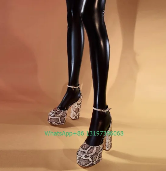 

Lady square heel snake design platform sandals chunky heel buckle dance dress high heels shoes footwear size 46 punk style shoe