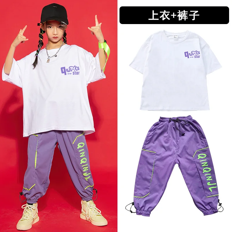 

Kid Kpop Hip Hop Clothing Graphic Tee Oversized T Shirt Top Purple Streetwear Jogger Pants for Girl Boy Dance Costume Clothes