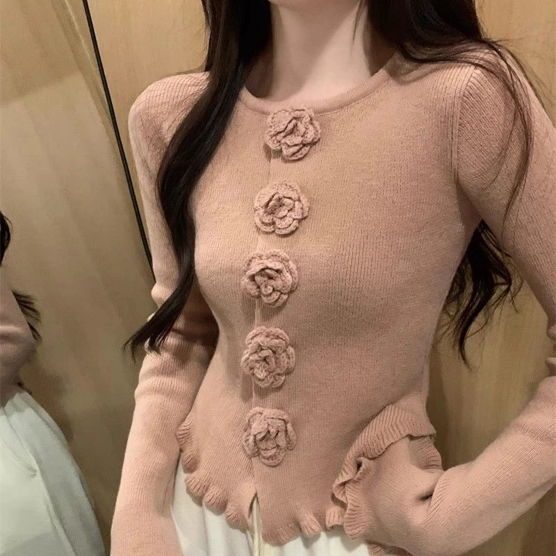 Knitted Chic Cardigans Women Korean Style 4 Colors Rose Beauty Elegant Ladies Clothing Spring Fashion New Design Single Breasted