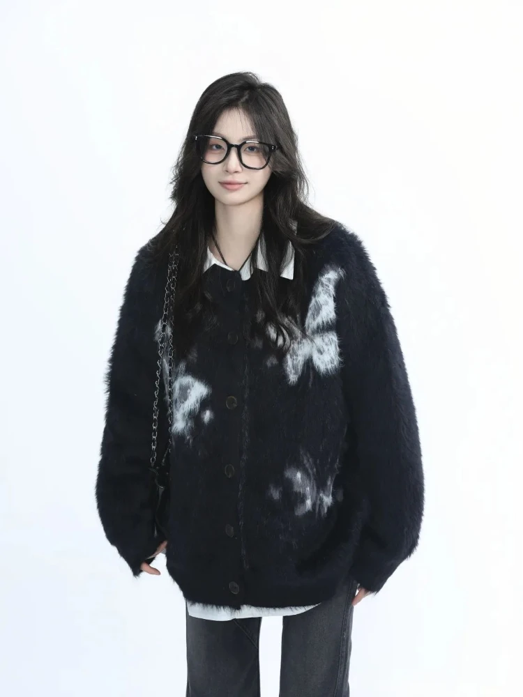 

American Vintage Spicy Sweater Knit Pure Color Long Sleeve Subculture Butterfly Pattern Fashion Casual Pullover Woman Autumn