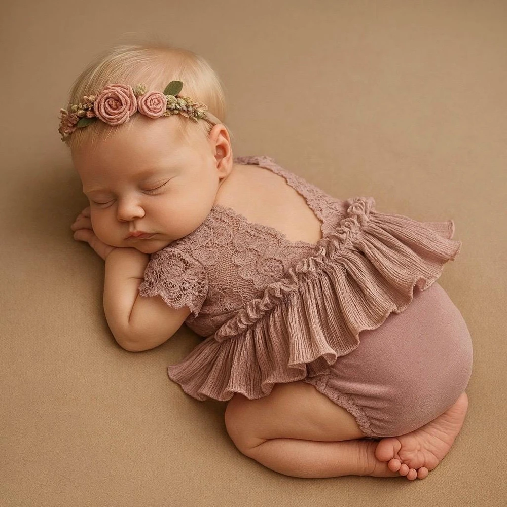 Newborn Photography Props Lace Ruffle Romper Baby Girl Photo Outfit Infant Photo Shoot Clothes Studio Costume