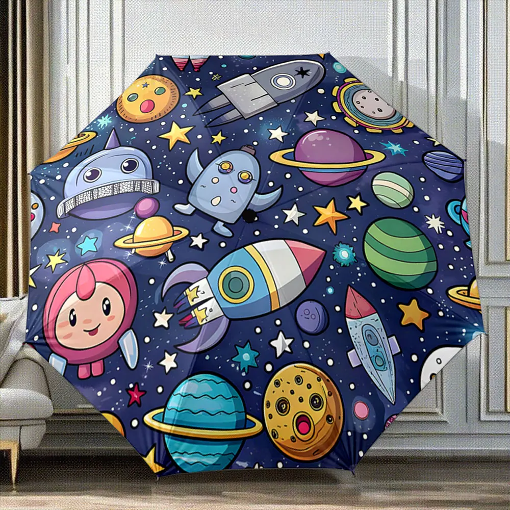 Cartoon Space Theme with Rockets, Planets, and Stars Umbrella portable waterproof sun rain umbrella for outdoor travel beach
