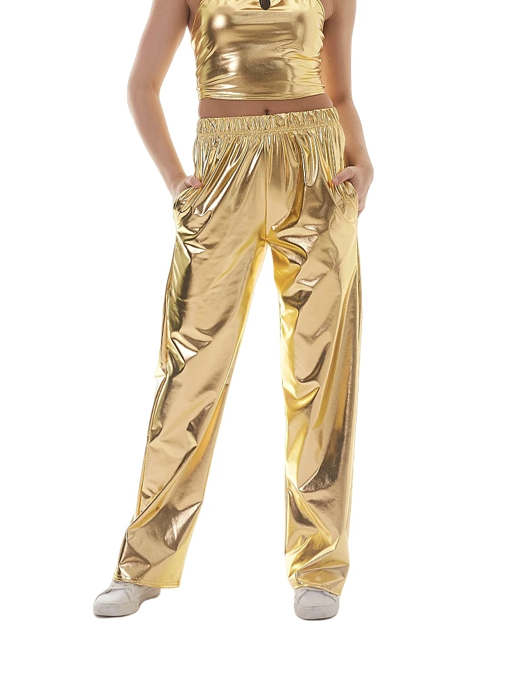 

Women Adult Shiny Straight Leg Pants Casual High Waist Metallic Pants Super Long Holographic Pants Disco Bottoms