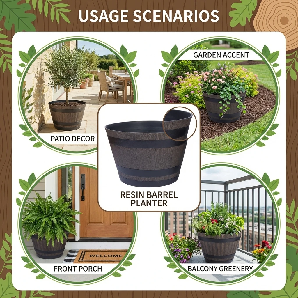 Large Floor Flowerpot Resin WoodenBarrel Decorative Flowerpot Indoor Outdoor Garden Courtyard Backyard Decoration Planting Pot view 6