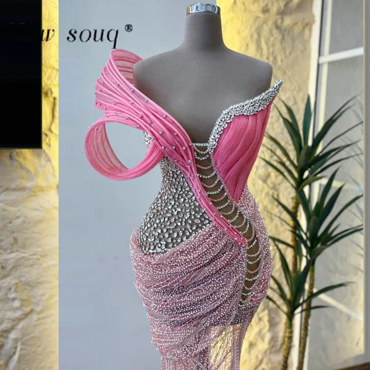 

2025 Sexy Illusion Pink Sleeveless Long Evening Dresses Customized Sparkle Crystals Ruched Mermaid Wedding Night Party Gowns